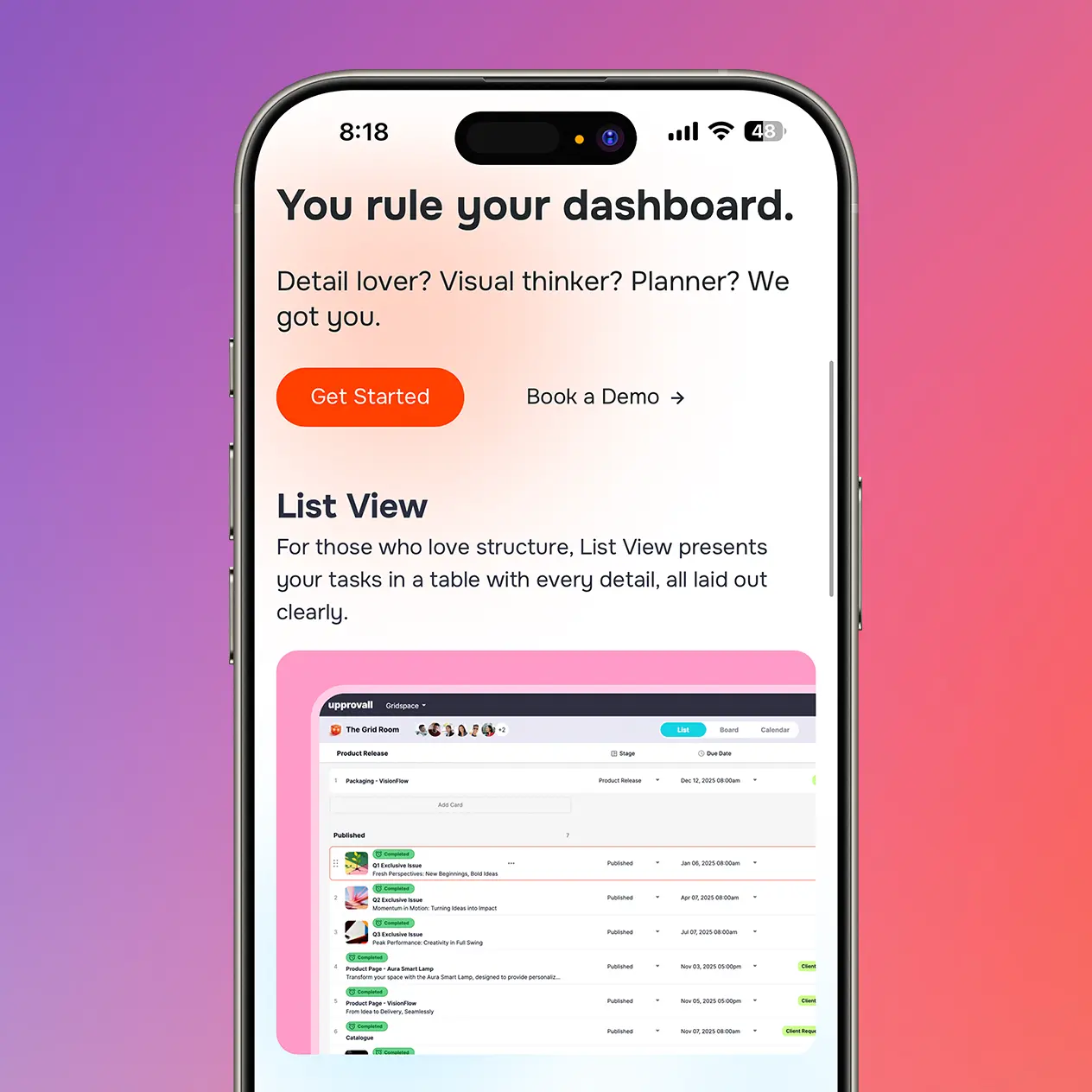 Upprovall Website List View